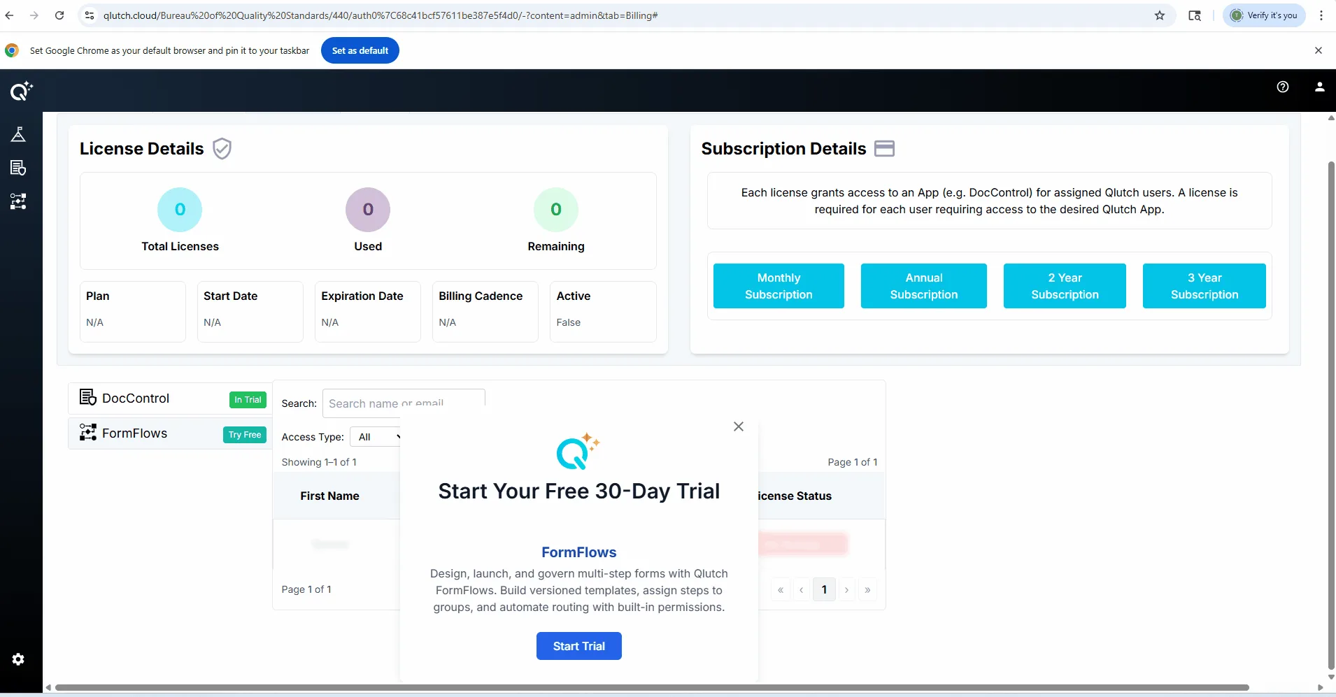 Click Start Trial and Admin Access