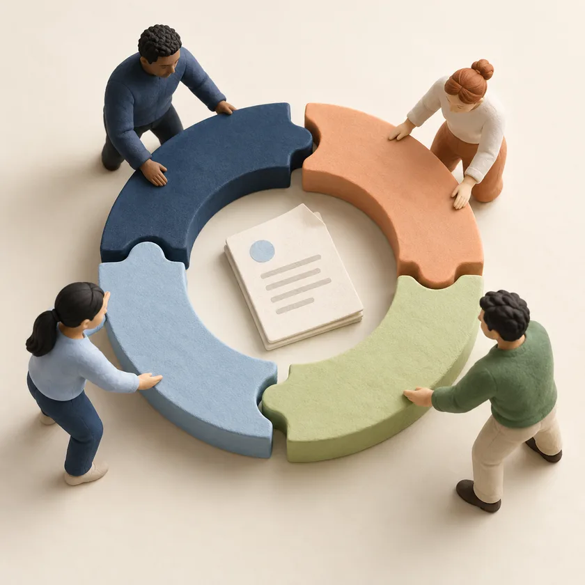 Four tactile blue, ivory, pale green and apricot pieces fit together into a single open circle, with a simple paper document at its center.