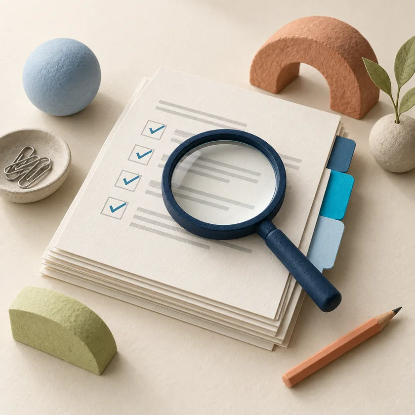 A magnifying glass over organized review and evidence papers.