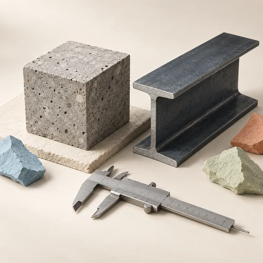 An editorial illustration of concrete test cube, steel beam section and caliper.