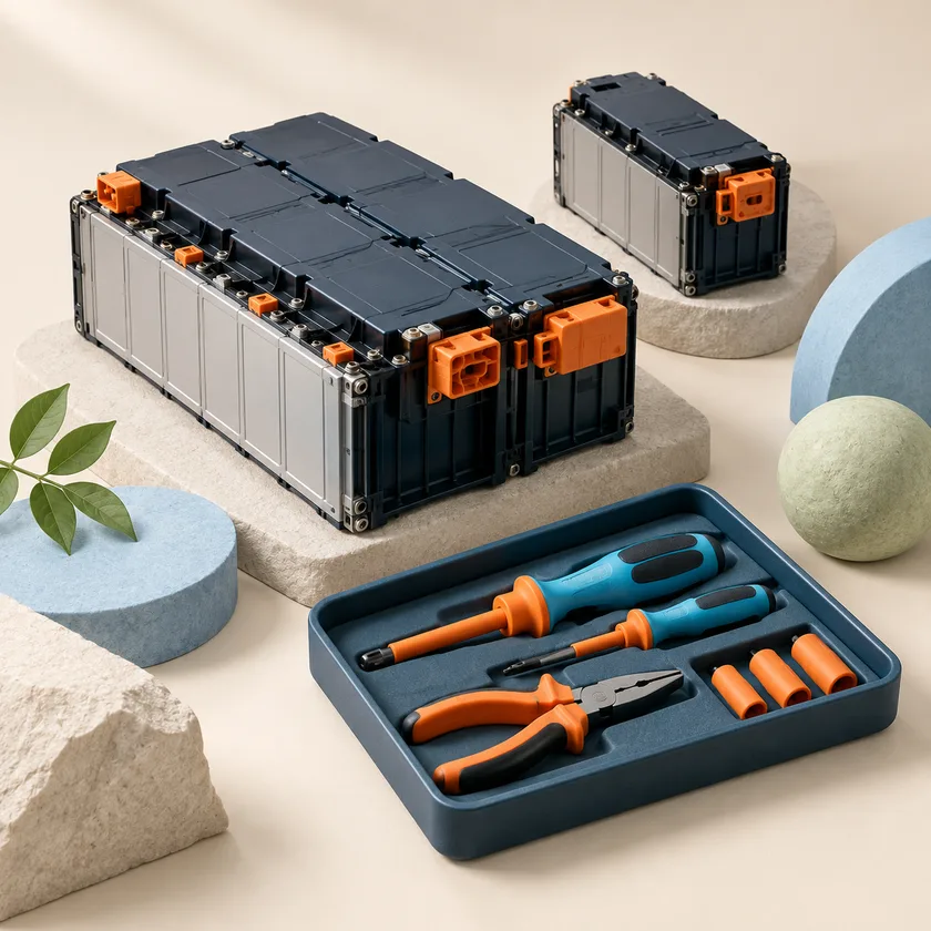 An editorial illustration of battery modules, insulated tools and inspection tray.