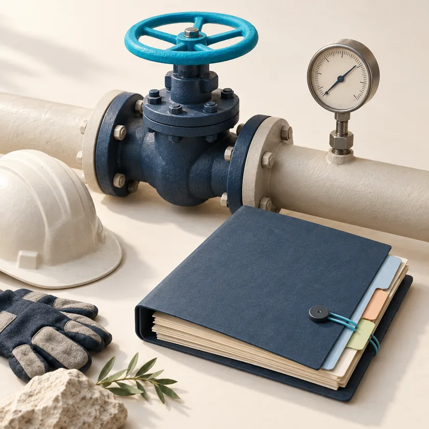 An editorial illustration of pipeline valve, inspection gauge and field procedure folder.