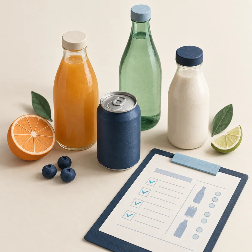 An editorial illustration of beverage bottles, can and production inspection sheet.