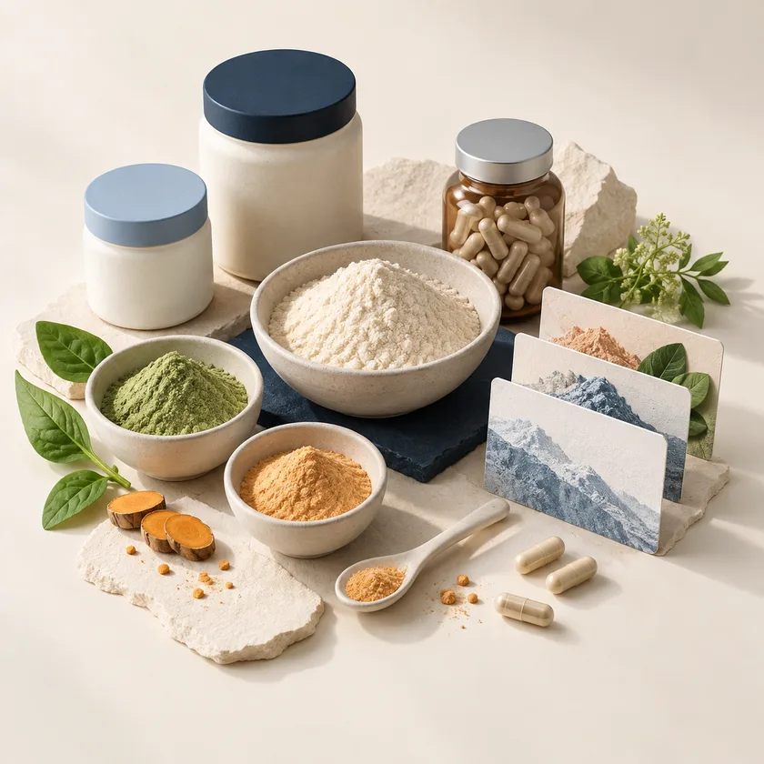 An editorial illustration of ingredient powders, sealed containers and supplier cards.