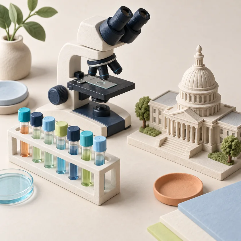 An editorial illustration of public health sample rack, microscope and civic building miniature.