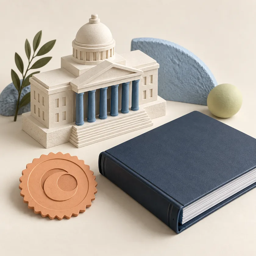 A miniature ivory civic building with blue columns, a closed navy policy binder and an apricot accountability seal.