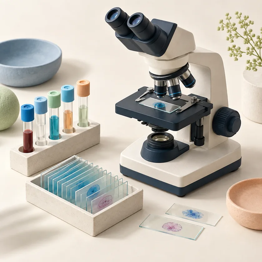 An editorial illustration of clinical sample tubes, slide tray and microscope.