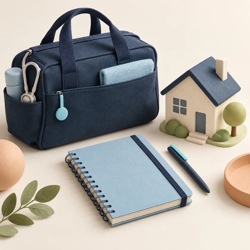 An editorial illustration of care bag, home model and portable procedure notebook.