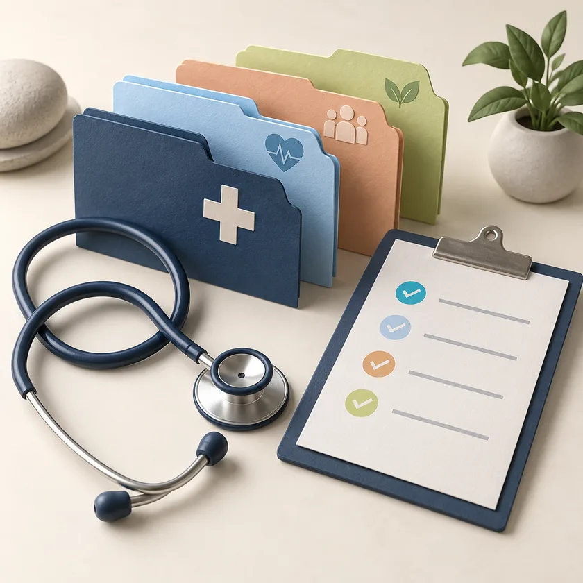 An editorial illustration of stethoscope, department folders and care checklist.