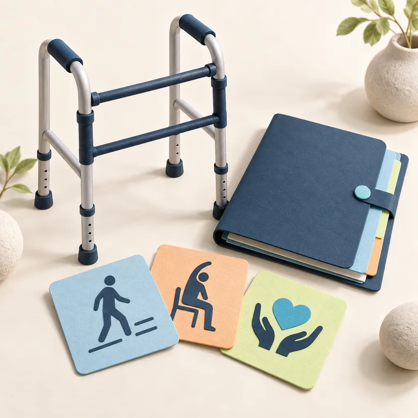 An editorial illustration of rehabilitation walking aid, care folder and learning cards.