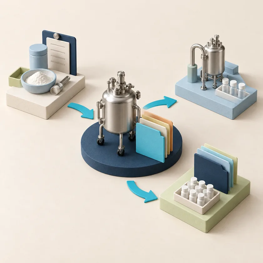 An editorial illustration of small process vessel and folders moving between workstations.