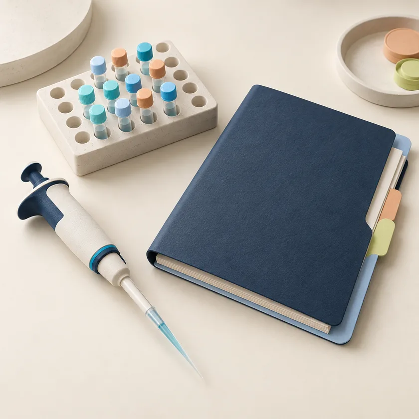 An editorial illustration of research pipette, specimen tray and study folder.