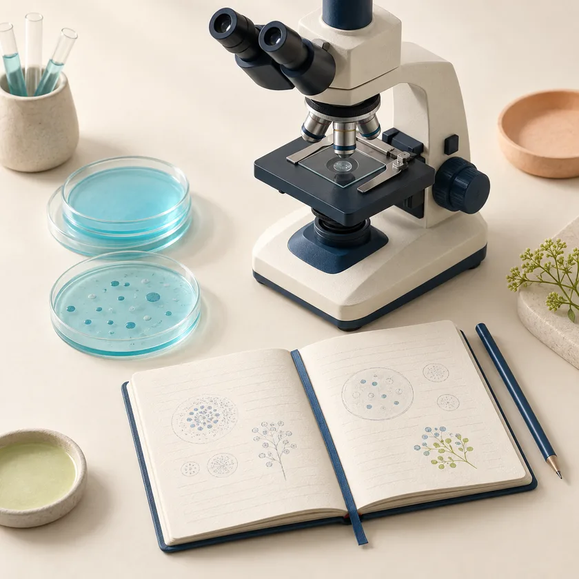 An editorial illustration of research microscope, petri dish and open method notebook.