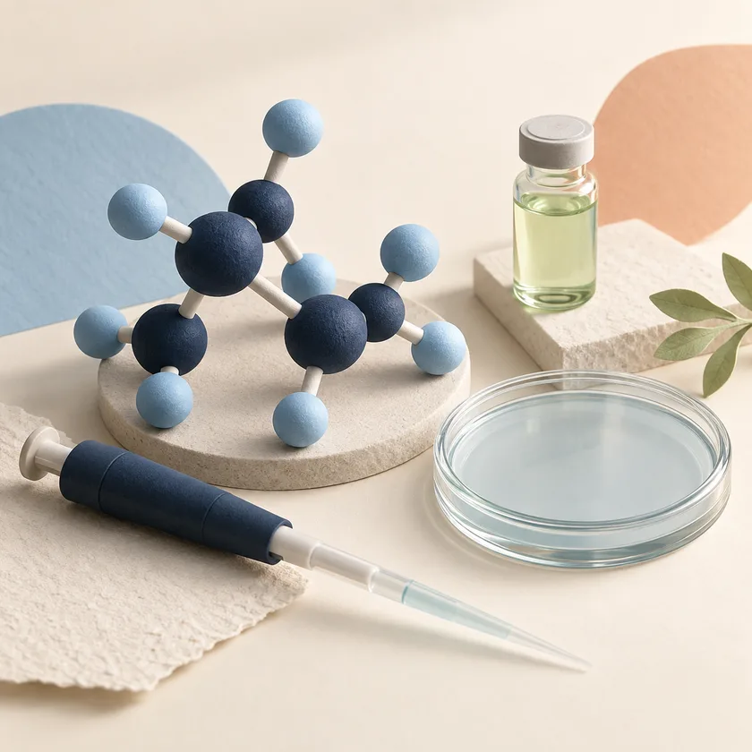 A navy and pastel blue molecular model beside a pipette, a closed petri dish and pale green sample vial.