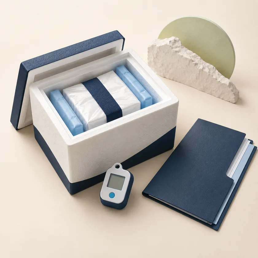 An editorial illustration of insulated shipment box, temperature logger and review folder.