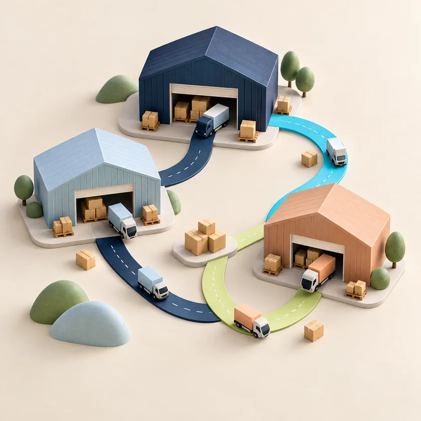 An editorial illustration of three warehouse hubs, parcels and linked route ribbons.