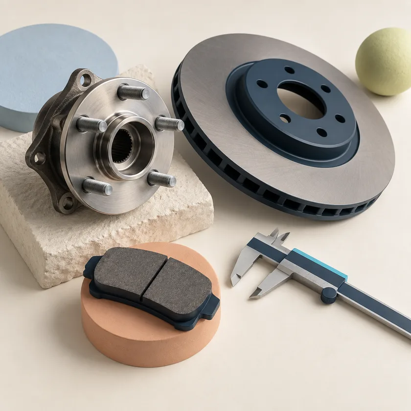 An editorial illustration of wheel hub, brake component and inspection caliper.