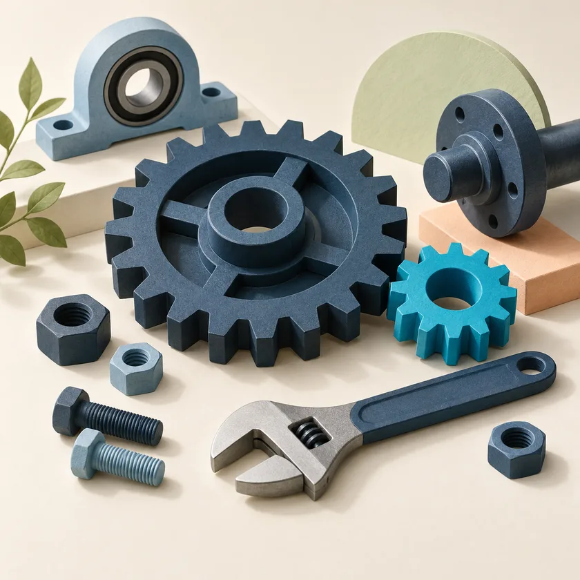 An editorial illustration of industrial gear assembly and maintenance wrench.