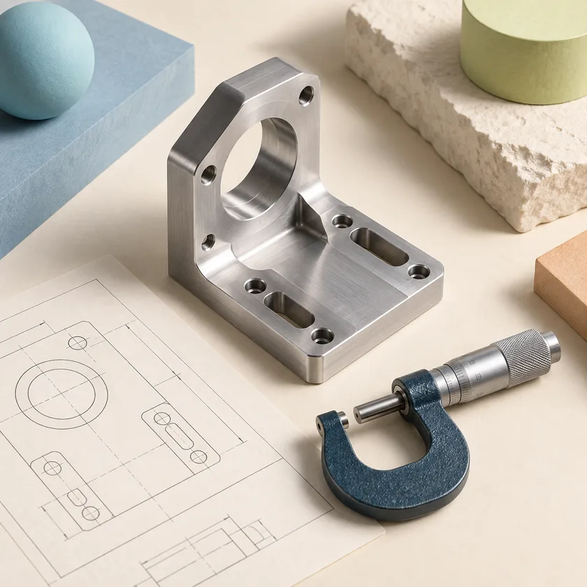 An editorial illustration of machined metal bracket, micrometer and drawing.