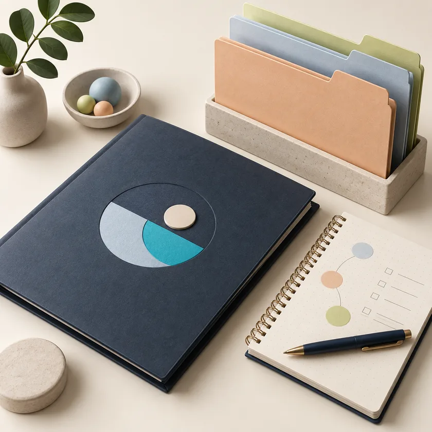 An editorial illustration of consultant portfolio, client folders and planning notebook.