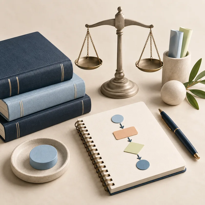 An editorial illustration of legal reference books, balanced scale and process notebook.
