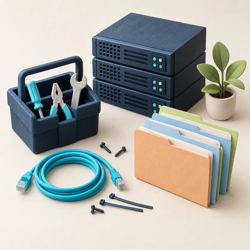 An editorial illustration of service technician tools, server and client folders.