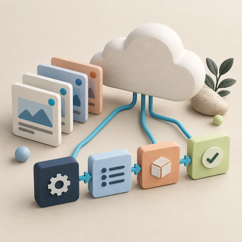 An editorial illustration of cloud model, software release cards and linked process blocks.