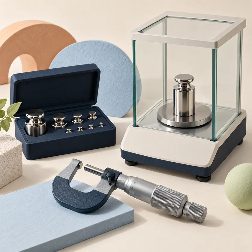 An editorial illustration of calibration weights, micrometer and precision balance.