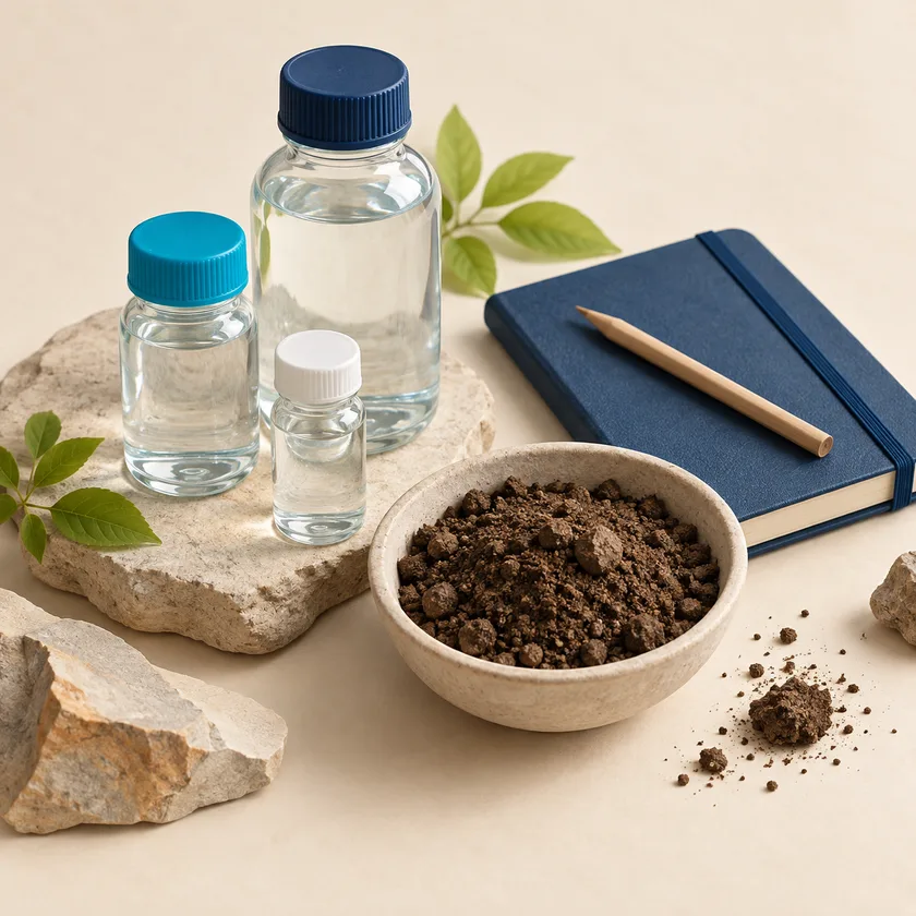An editorial illustration of water sample bottles, soil specimen and field notebook.