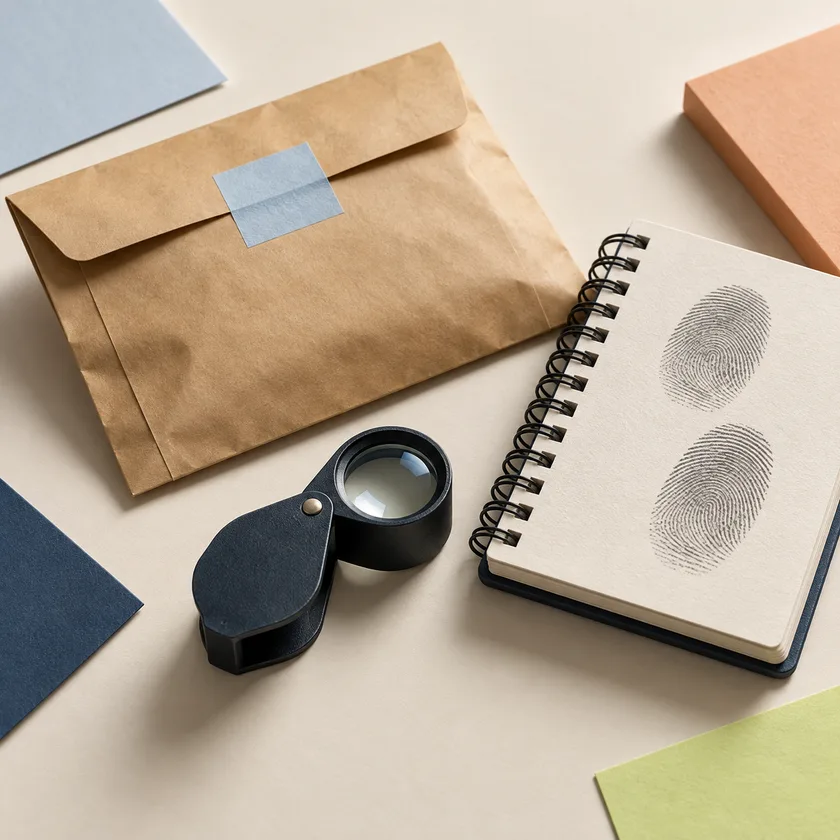 An editorial illustration of evidence envelope, fingerprint loupe and laboratory notebook.