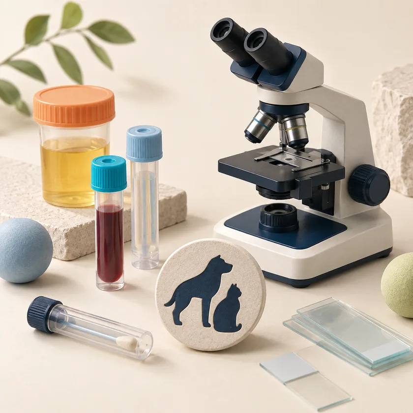 An editorial illustration of veterinary specimen vials, microscope and animal silhouette token.