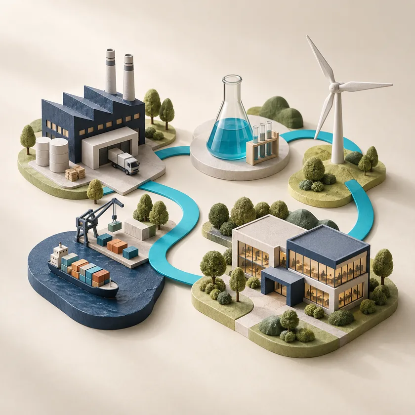 A curated miniature landscape of a factory, laboratory flask, wind turbine and service office, connected by one cyan path, a diversity of industries.