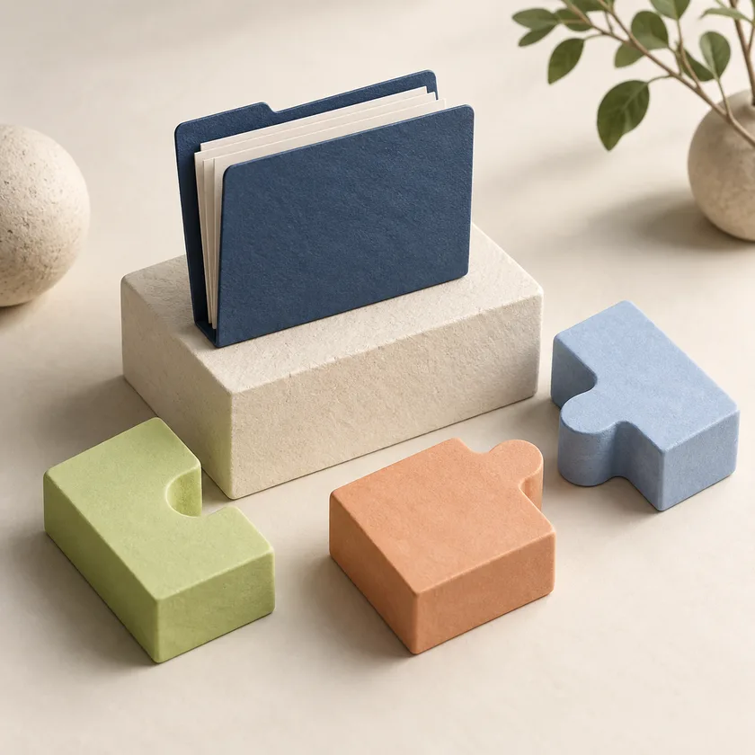 A first ivory foundation block with a blue procedure folder and three unassembled pastel building pieces beside it.