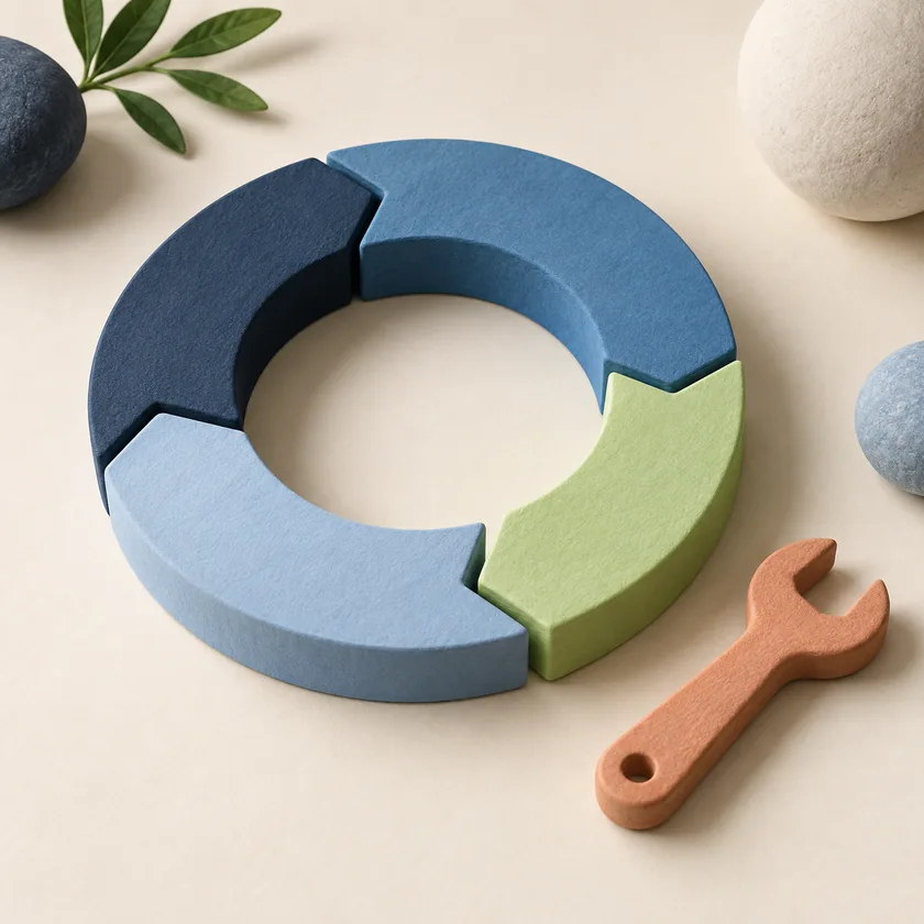 An established blue circular path with one missing segment replaced by a pale green piece, an apricot small tool nearby.