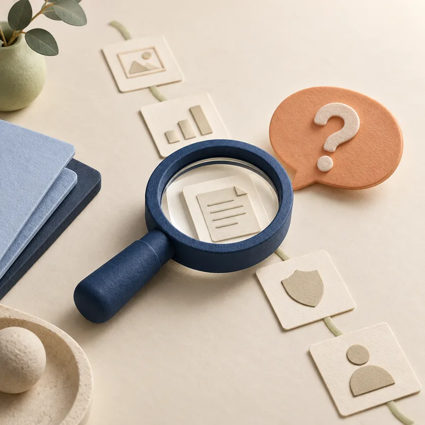A blue inspection loupe over a trail of ivory evidence cards, an apricot question marker shaped as a simple speech bubble.