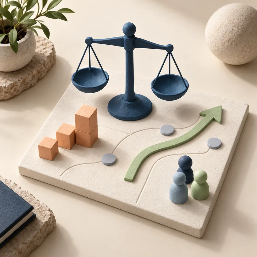 An ivory strategic planning board with a blue balance scale, small apricot investment blocks and pale green direction arrow.