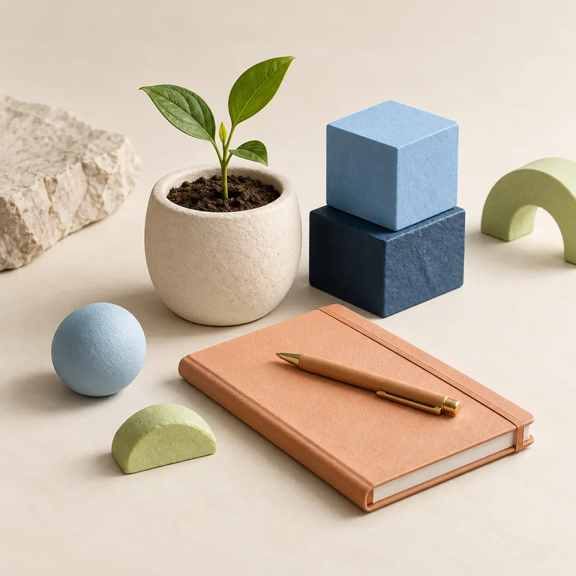 An ivory seedling planter beside the first two blue foundation blocks and an apricot planning notebook.