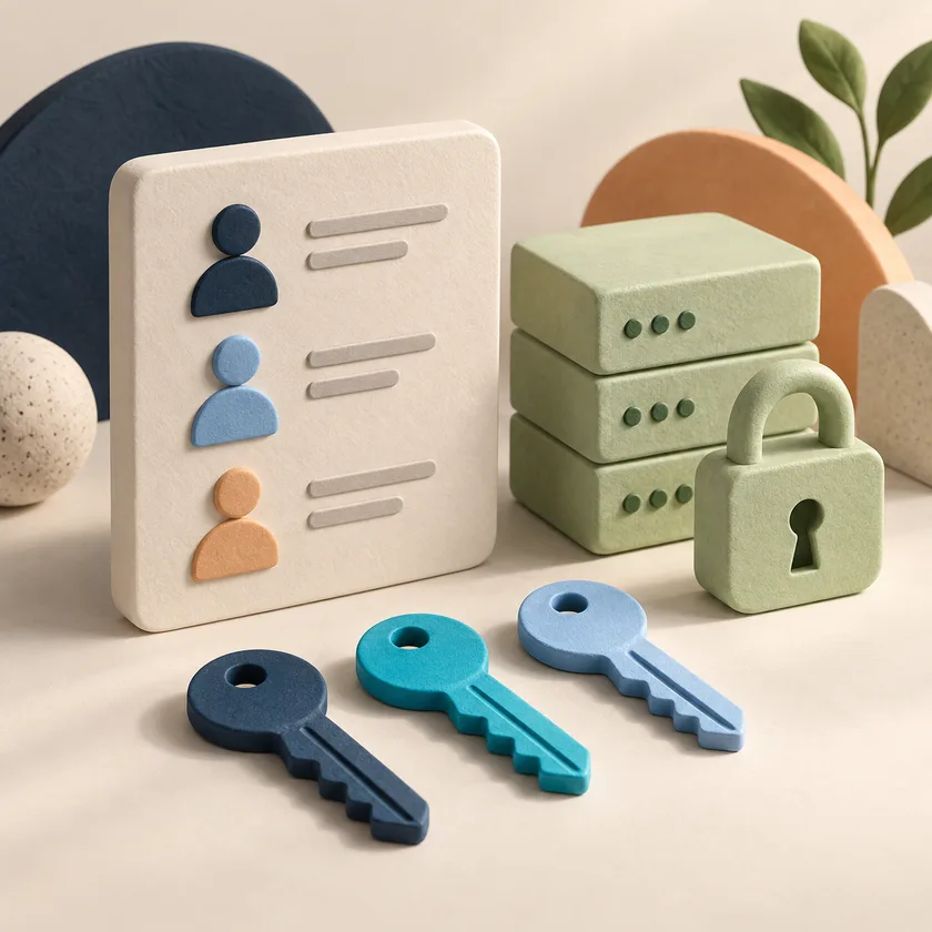 Three blue access keys aligned beside an ivory user directory tile and a pale green server lock.