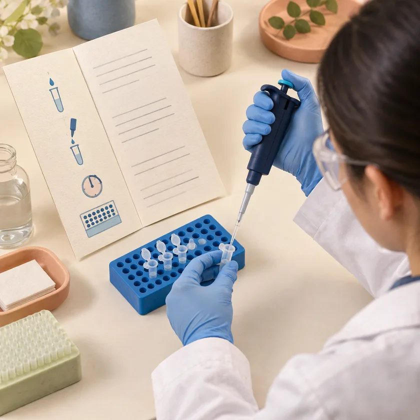 A navy pipette, blue sample rack and an open ivory method card neatly arranged on a lab bench.