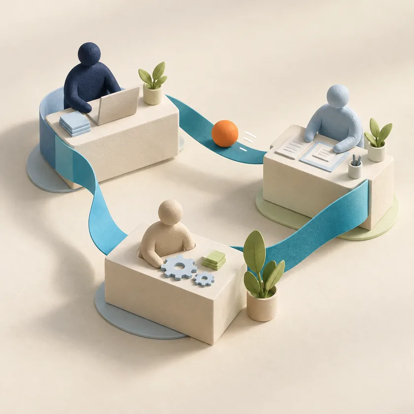 Three ivory workstations connected by a continuous blue handoff ribbon, one orange transfer token moving between them.