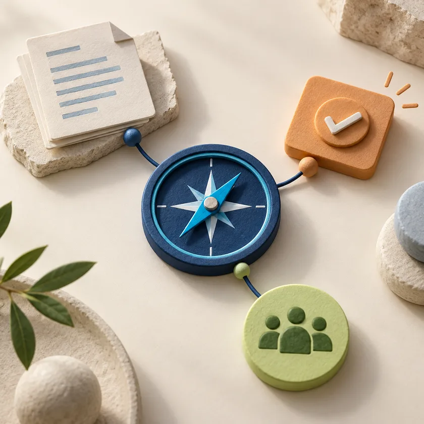 A blue compass at the center of an ivory work surface connecting a document, orange action card and green review token.