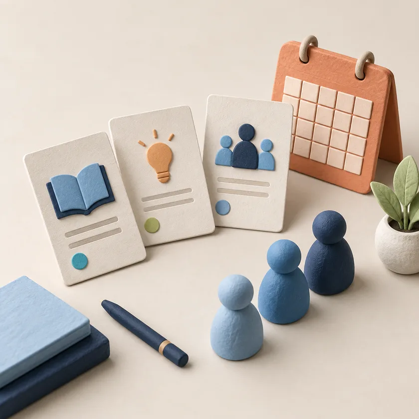 Three ivory learning cards arranged beside small blue learner figures and an apricot calendar tile with blank grid.