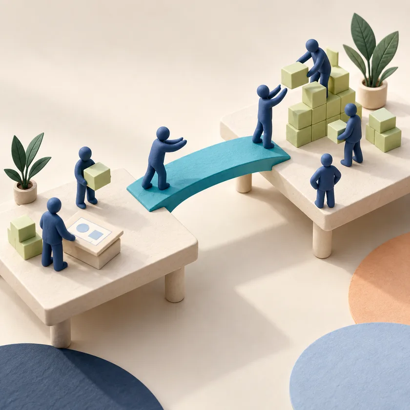 Two ivory worktables connected by a cyan bridge, with small blue figures and new pale green building blocks.