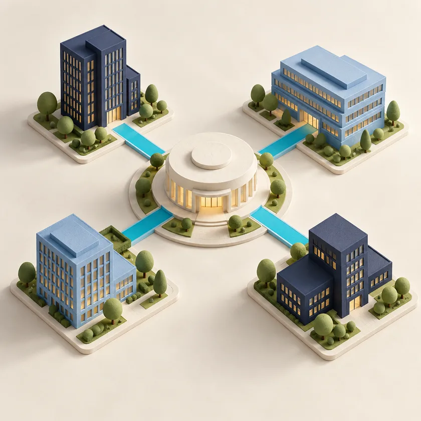 An orderly campus of four navy and blue office buildings linked to an ivory central quality hub by cyan paths.
