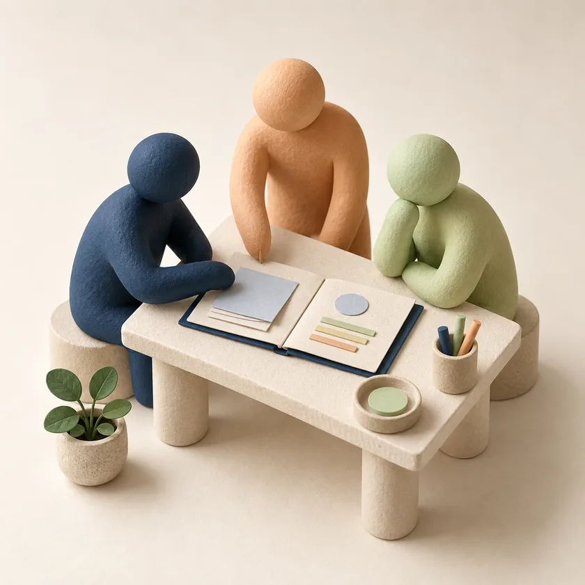 Three small abstract blue, apricot and pale green figures around one modest ivory workbench with an open folder.