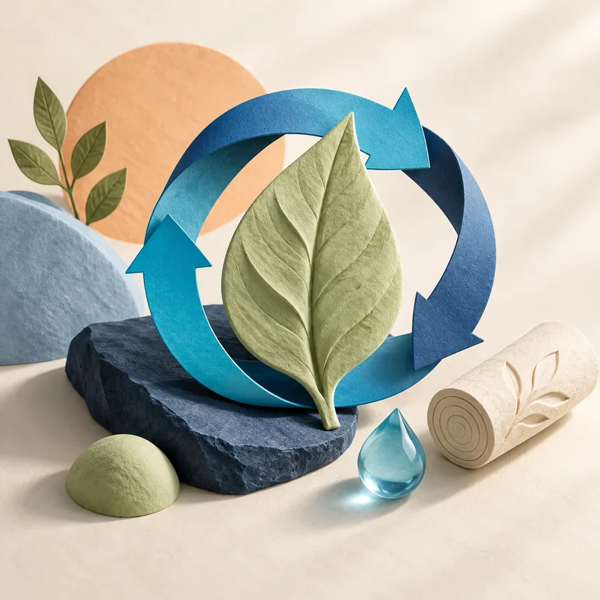 A sculptural pale green leaf encircled by a blue resource-cycle ribbon, small water droplet and ivory environmental log.