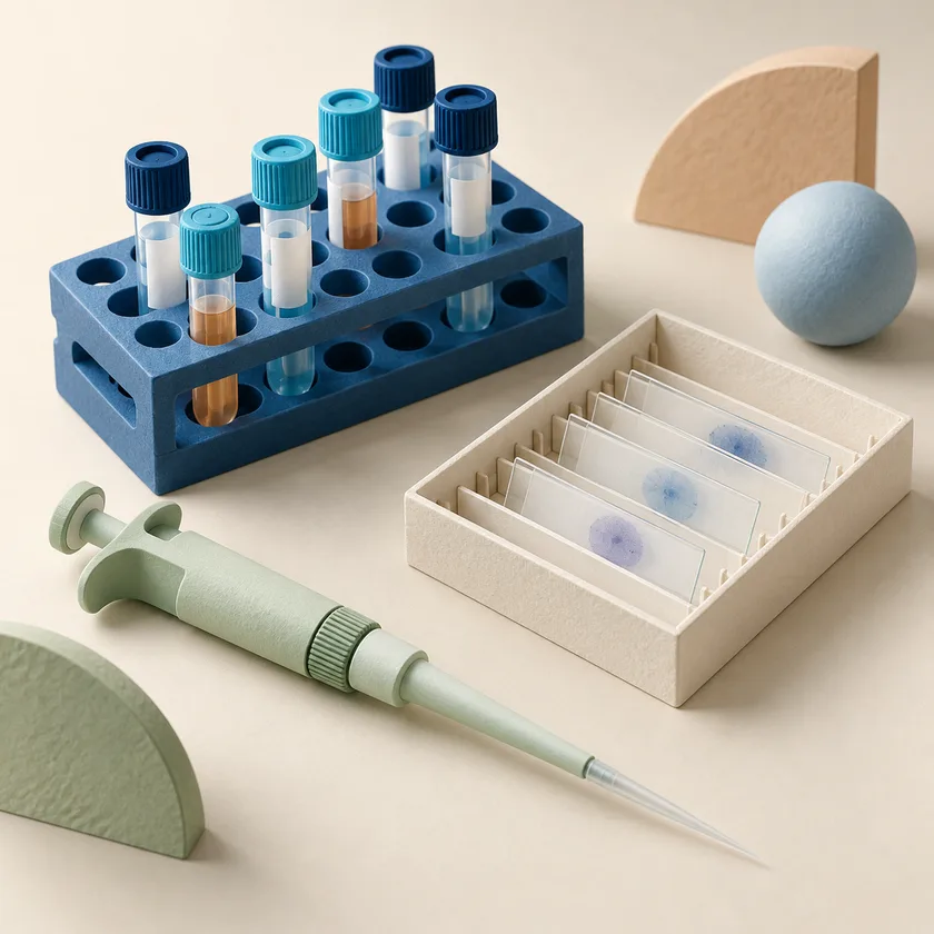A blue clinical sample tube rack, an ivory microscope slide tray and a pale green precision pipette.