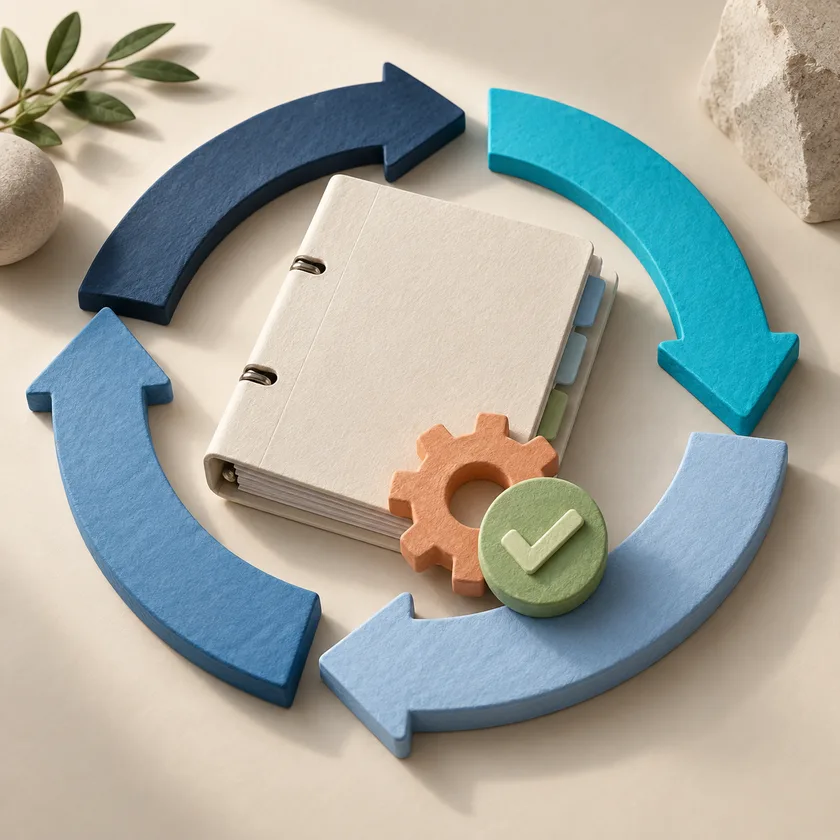 A sculptural circular improvement loop made of four blue arrow segments around an ivory process binder, with an apricot gear and green check token.