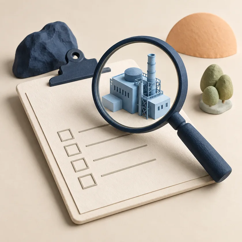 An ivory inspection clipboard, a navy magnifier and a small blue industrial structure being examined.