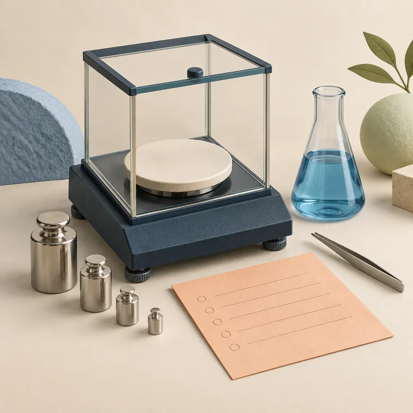 A precision laboratory balance with ivory weighing pan, small calibration weights, blue sample flask and apricot procedure card.